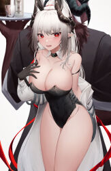 Rule 34 | 1girl, absurdres, animal ears, arknights, bare shoulders, black choker, black gloves, black leotard, breasts, choker, cleavage, commentary request, cowboy shot, fake animal ears, gloves, hand on own chest, highres, horns, large breasts, leotard, long hair, looking at viewer, mea (hwaksal), mudrock (arknights), open mouth, pointy ears, ponytail, rabbit ears, red eyes, standing, strapless, strapless leotard, thighs, very long hair, white hair