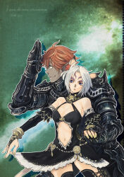 Rule 34 | 1boy, 1girl, :o, adventurer (ff11), animal ears, armor, bare shoulders, black armor, black bridal gauntlets, black dress, black panties, black thighhighs, breasts, bridal gauntlets, cat ears, cat girl, cat tail, cleavage, closed mouth, clothing cutout, cross-laced clothes, cross-laced legwear, cursive, dancer, dancer (final fantasy), dark-skinned male, dark knight (final fantasy), dark skin, doraeshi, dress, drop shadow, elf, elvaan, english text, engrish text, facial mark, feather hair ornament, feathers, final fantasy, final fantasy xi, fingernails, flower, gauntlets, green eyes, green nails, hair flower, hair ornament, halter dress, halterneck, hand up, highres, holding hands, legs apart, medium breasts, mithra (ff11), nail polish, navel cutout, no eyebrows, open mouth, orange hair, outline, panties, pantyshot, pointy ears, purple eyes, ranguage, red flower, short dress, short hair, shoulder armor, shoulder spikes, smile, spiked armor, spikes, standing, tail, thighhighs, underwear, whisker markings, white feathers, white hair, white outline