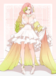 Rule 34 | 1girl, :o, alternate costume, alternate hairstyle, asymmetrical bangs, bare legs, bare shoulders, breasts, character name, cleavage, collarbone, detached collar, dishwasher1910, dress, earrings, elbow gloves, flower, gem, gloves, gradient hair, green eyes, green gemstone, green hair, hair flower, hair ornament, high heels, highres, jewelry, kanroji mitsuri, kimetsu no yaiba, large breasts, layered dress, long hair, looking at viewer, mole, mole under eye, multicolored hair, parted lips, pigeon-toed, pink hair, shawl, skirt hold, solo, strapless, strapless dress, two-tone background, very long hair, wedding dress, white dress, white footwear, white gloves