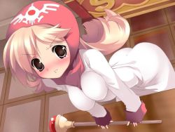 Rule 34 | 1girl, angry, arm support, ass, bent over, blonde hair, blush, breasts, chunsoft, curvy, dragon quest, dragon quest ii, dutch angle, enix, from above, game cg, gem, grey eyes, hood, impossible clothes, indoors, large breasts, leaning forward, long hair, looking at viewer, non-web source, parted bangs, princess of moonbrook, solo, splush wave, staff, standing, table, tears