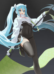 Rule 34 | 1girl, absurdres, alohayuja, black background, blue eyes, blue hair, bodysuit, breasts, covered navel, feet out of frame, flag, gloves, goodsmile racing, hair between eyes, hatsune miku, highres, holding, holding flag, long hair, long sleeves, open mouth, racing miku, racing miku (2022), simple background, single thighhigh, small breasts, solo, thighhighs, thighs, tongue, twintails, very long hair, vocaloid
