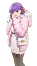 Rule 34 | 1girl, :d, bag, belt, blush, breath, brown pantyhose, commentary request, down jacket, dress, fate/stay night, fate (series), fingernails, fur-trimmed hood, fur trim, hair ribbon, handbag, hands up, hood, hood down, hooded jacket, jacket, long hair, long sleeves, looking at viewer, matou sakura, open clothes, open jacket, open mouth, own hands together, pantyhose, pink jacket, purple eyes, purple hair, pyz (cath x tech), red ribbon, ribbed sweater, ribbon, shoulder bag, simple background, sleeves past wrists, smile, solo, sweater, sweater dress, white background, white sweater