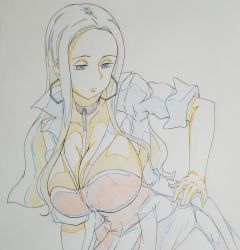 Rule 34 | 1girl, between breasts, black choker, blonde hair, blouse, blue eyes, breasts, choker, cleavage, closed mouth, coat, collarbone, contrapposto, cowboy shot, creatures (company), earrings, forehead, frown, game freak, half-closed eyes, hand on own hip, highres, hoop earrings, jewelry, large breasts, leaning forward, long hair, looking at viewer, mitarashi o, nintendo, oleana (pokemon), open clothes, open coat, parted bangs, pencil skirt, pokemon, pokemon swsh, popped collar, red shirt, shirt, skirt, sleeves rolled up, solo, traditional media, white coat