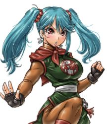 Rule 34 | 1girl, amania orz, blue hair, breasts, cosplay, dragon quest, dragon quest iii, earrings, fighter (dq3), fingerless gloves, gloves, jewelry, large breasts, long hair, looking at viewer, simple background, solo, twintails, white background