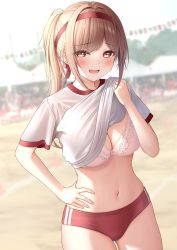Rule 34 | 1girl, :d, absurdres, bra, breasts, buruma, fang, hand on own hip, highres, large breasts, long image, monaka curl, open mouth, original, outdoors, smile, solo, standing, tall image, underwear
