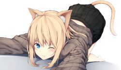 Rule 34 | 1girl, 3;, all fours, animal ears, aqua eyes, barefoot, black skirt, blonde hair, blush, cat ears, cat girl, cat stretch, cat tail, closed mouth, dutch angle, hair between eyes, hiraba 6018, long hair, looking at viewer, one eye closed, original, pleated skirt, ribbed sweater, sidelocks, simple background, skirt, solo, stretching, sweater, tail, top-down bottom-up, uf 6018, white background