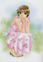 Rule 34 | 1girl, barefoot sandals (jewelry), brown hair, colored pencil (medium), comic, dress, floral print, full body, highres, looking at viewer, nail polish, pink nails, sandals, scan, short hair, simple background, sleeveless, sleeveless dress, smile, solo, squatting, sweet pain little lovers, toenail polish, toenails, traditional media