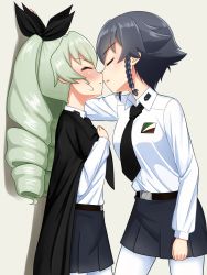 Rule 34 | 10s, 2girls, against wall, anchovy (girls und panzer), arm up, bad id, bad pixiv id, black cape, black hair, black neckwear, black ribbon, blush, braid, breasts, cape, clenched hand, collared shirt, couple, drill hair, closed eyes, face-to-face, female focus, friends, girls und panzer, green hair, grey skirt, hair ornament, hair ribbon, hand up, highres, imminent kiss, medium breasts, multiple girls, neck, necktie, pantyhose, pepperoni (girls und panzer), pleated skirt, ribbon, school uniform, shadow, shirt, single braid, skirt, standing, twin drills, twintails, white legwear, white shirt, yuri