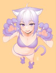 Rule 34 | 1girl, :d, animal ears, animal hands, bikini, breasts, cat ears, cat tail, cleavage, collar, gloves, highres, hololive, kijikoru, large breasts, looking at viewer, medium breasts, navel, nekomata okayu, open mouth, paw gloves, paw shoes, purple bikini, purple eyes, purple hair, simple background, smile, solo, swimsuit, tail, teeth, virtual youtuber, yellow background