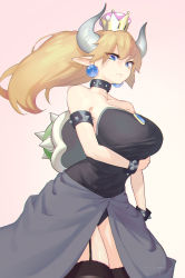 Rule 34 | 1girl, absurdres, armlet, bare shoulders, black collar, black garter straps, black leotard, black thighhighs, blonde hair, blue eyes, bowsette, bracelet, breast hold, breasts, brooch, chromatic aberration, collar, commentary request, earrings, garter straps, grey skirt, highres, horns, huge breasts, jewelry, leotard, long hair, long skirt, looking at viewer, mario (series), new super mario bros. u deluxe, nintendo, no tail, pointy ears, ponytail, puk (higanbana doujin), side slit, skirt, solo, spiked armlet, spiked bracelet, spiked shell, spikes, standing, strapless, strapless leotard, studded collar, super crown, thighhighs, thighs, turtle shell