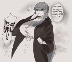 1girl breasts coat english_text fern_(sousou_no_frieren) greyscale highres hime_cut huge_breasts instant_loss long_hair magister monochrome shaded_face sousou_no_frieren