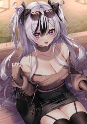 Rule 34 | absurdres, azur lane, black bag, black bow, black bowtie, black thighhighs, blurry, bow, bowtie, bra, bra strap, breasts, bright pupils, brown sweater, collarbone, depth of field, detached collar, elbe (azur lane), elbe (pure-hearted bad girl) (azur lane), eyewear on head, garter straps, gradient eyes, highres, jewelry, lace, lace-trimmed bra, lace trim, long hair, looking at viewer, medium breasts, multicolored eyes, multicolored hair, nail polish, necklace, off-shoulder sweater, off shoulder, official alternate costume, on bench, open mouth, red nails, sidelocks, sitting, sweater, thighhighs, trtrpnk, underwear, uwu, white hair
