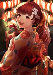 Rule 34 | 1girl, alternate costume, aznmeee, blush, bow, commentary request, floating hair, floral print, flower, hair bow, hair flower, hair ornament, hand on own chest, highres, holding, japanese clothes, kimono, kinchaku, lantern, long hair, looking at viewer, obi, open mouth, outdoors, paper lantern, persona, persona 5, persona 5 the royal, ponytail, pouch, print kimono, red eyes, red hair, sash, signature, smile, teeth, upper body, upper teeth only, white flower, wide sleeves, yellow bow, yellow kimono, yoshizawa kasumi, yukata