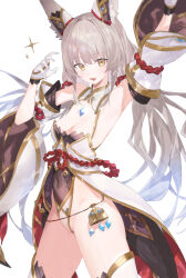Rule 34 | 1girl, animal ear fluff, animal ears, bare shoulders, blush, breasts, brown eyes, cat ears, chest jewel, cleavage, commentary request, core crystal (xenoblade), covered navel, detached sleeves, facial mark, fang, gloves, grey hair, highleg, highleg leotard, highres, leotard, long hair, looking at viewer, low twintails, md5 mismatch, medium breasts, mia cbx, nia (blade) (xenoblade), nia (xenoblade), open mouth, resolution mismatch, simple background, skin fang, smile, solo, source smaller, twintails, very long hair, white background, white gloves, xenoblade chronicles (series), xenoblade chronicles 2