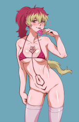 Rule 34 | 1girl, ao no exorcist, areola slip, bikini, bikini top only, blonde hair, blush, bottomless, breasts, collarbone, condom, condom wrapper, covered erect nipples, eyebrows, female focus, female pubic hair, groin, heart, kirigakure shura, kyosu, large breasts, legs, long hair, looking at viewer, multicolored hair, naughty face, navel, parted lips, pink thighhighs, ponytail, presenting, pubic hair, purple eyes, red hair, shiny skin, simple background, smile, solo, standing, swimsuit, tattoo, thighhighs, thighs, uncensored