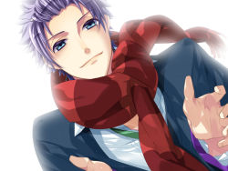 Rule 34 | 1boy, amaha tsubasa, game cg, long hair, long sleeves, male focus, purple hair, red scarf, scarf, simple background, smile, solo, starry sky (game), upper body, very long hair, white background