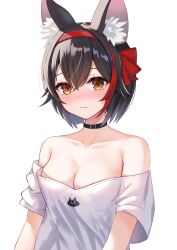 Rule 34 | 1girl, absurdres, alternate hairstyle, animal ears, bare shoulders, black choker, black hair, blush, breasts, choker, closed mouth, hair ornament, hair ribbon, hairband, highres, hololive, medium breasts, multicolored hair, off shoulder, ookami mio, orange eyes, red hair, red hairband, red ribbon, ribbon, shirt, short hair, solo, streaked hair, togemaru34, virtual youtuber, white background, white shirt, wolf ears