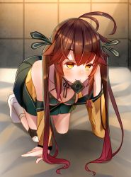 Rule 34 | 1girl, all fours, antenna hair, blush, breasts, brown hair, condom, condom in mouth, condom wrapper, girls&#039; frontline, gradient hair, heart, heart-shaped pupils, highres, long hair, m14 (girls&#039; frontline), medium breasts, mouth hold, multicolored hair, red hair, smile, solo, symbol-shaped pupils, tokiha suzumiya, twintails, very long hair, yellow eyes