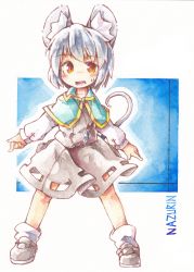 Rule 34 | 1girl, absurdres, animal ears, capelet, character name, full body, grey footwear, grey hair, grey skirt, grey vest, highres, jewelry, kibayashi kimori, legs apart, long sleeves, mouse (animal), mouse ears, mouse tail, nazrin, open mouth, pendant, red eyes, shoes, short hair, simple background, skirt, skirt set, socks, solo, sweatdrop, tail, teeth, touhou, vest, white socks