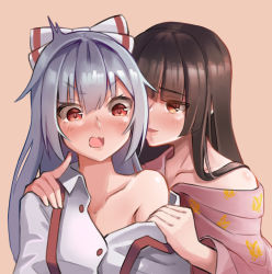Rule 34 | 2girls, animal print, bare shoulders, black hair, blunt bangs, blush, bow, brown background, butterfly print, collarbone, commentary request, fujiwara no mokou, hair between eyes, hair bow, highres, houraisan kaguya, index finger raised, joeychen, long hair, long sleeves, multiple girls, off shoulder, open mouth, pink shirt, red eyes, shirt, silver hair, simple background, suspenders, touhou, undressing, upper body, v-shaped eyebrows, white bow, white shirt, wing collar, yuri