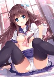Rule 34 | 1girl, arm support, ass, black thighhighs, blue eyes, blue ribbon, blue sailor collar, blue skirt, blush, breasts, brown hair, cameltoe, cherry blossoms, clothes lift, commentary request, detexted, dutch angle, feet out of frame, hair between eyes, hair ornament, hair ribbon, hand up, highres, holding, holding paper, indoors, long hair, looking at viewer, medium breasts, miniskirt, miyase mahiro, neckerchief, nipples, no bra, open mouth, original, panties, pantyshot, paper, parted lips, petals, petticoat, photoshop (medium), pink neckerchief, pleated skirt, rabbit hair ornament, ribbon, sailor collar, school uniform, serafuku, shirt lift, short sleeves, sitting, skirt, skirt lift, solo, spread legs, thighhighs, thighs, third-party edit, tree, underwear, white panties, window