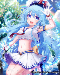 Rule 34 | 1girl, ahoge, anchor earrings, arm up, blue eyes, blue hair, crop top, earrings, eyebrows, falkyrie no monshou, gloves, hat, highres, jewelry, long hair, looking at viewer, matching hair/eyes, midriff, navel, open mouth, pleated skirt, skirt, solo, suzumi shiro, white gloves, white skirt