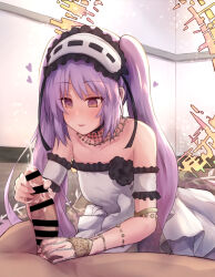 1boy 1girl armlet bare_shoulders blush bracer breasts censored choker collarbone cum dress ejaculation erection fate/grand_order fate_(series) frilled_hairband frills hairband halo handjob hetero jewelry long_hair lypele necklace open_mouth parted_bangs penis purple_eyes purple_hair ring sidelocks small_breasts smile stheno_(fate) twintails very_long_hair white_dress
