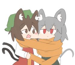 Rule 34 | 2girls, animal ear fluff, animal ears, brown eyes, brown hair, cat ears, cat tail, cheek-to-cheek, chen, commentary request, green headwear, grey hair, hat, heads together, jitome, looking at another, mob cap, mouse ears, mouse tail, multiple girls, multiple tails, nazrin, nekomata, orange scarf, red eyes, red skirt, red vest, scarf, shared clothes, shared scarf, short hair, simple background, skirt, tail, touhou, two tails, uneven eyes, vest, white background, yayuyoyayuyo