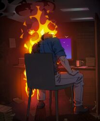 Rule 34 | 1boy, absurdres, aisendraw, back, bird, blonde hair, burning, chair, commentary, computer, cup, english commentary, hands on own knees, highres, jujutsu kaisen, loafers, male focus, mug, nanami kento, office, pants, paper, shoes, sitting, sleeves rolled up, smoke, solo