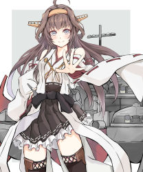 Rule 34 | 1girl, absurdres, ahoge, black skirt, boots, brown hair, cannon, dairyo3, detached sleeves, double bun, frilled skirt, frills, grey eyes, hair bun, hairband, hakama, hakama short skirt, hakama skirt, headgear, highres, japanese clothes, kantai collection, kongou (kancolle), kongou kai ni (kancolle), long hair, nontraditional miko, ribbon-trimmed sleeves, ribbon trim, rigging, skirt, smile, solo, thigh boots, thighhighs, turret, wide sleeves