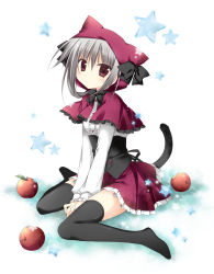 Rule 34 | 1girl, animal ears, apple, black thighhighs, blush, capelet, cat ears, cat tail, dress, food, food bite, frilled skirt, frills, fruit, hood, korie riko, looking at viewer, miniskirt, original, red eyes, silver hair, sitting, skirt, solo, star (symbol), tail, thighhighs, v arms, wariza