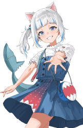 Rule 34 | 1girl, absurdres, animal bag, animal ears, art mu, black skirt, blue eyes, blue hair, blunt bangs, cat ears, commentary request, cowboy shot, fins, fish tail, gawr gura, grey hair, grin, highres, hololive, hololive english, kemonomimi mode, looking at viewer, medium hair, multicolored hair, reaching, reaching towards viewer, shark bag, shark tail, shirt, short sleeves, side ponytail, simple background, skirt, smile, solo, streaked hair, tail, virtual youtuber, white background, white shirt