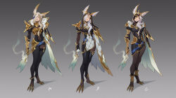 Rule 34 | 1girl, animal ears, armor, armored gloves, black pantyhose, breasts, broken covenant xayah, citemer, closed mouth, concept art, feathers, full body, green eyes, grey background, hair over one eye, highres, holding, holding feather, holding weapon, league of legends, long hair, looking at viewer, medium breasts, multiple views, pantyhose, shoulder armor, simple background, solo, standing, weapon, white hair, xayah, yellow eyes