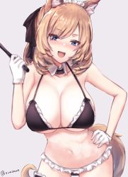 Rule 34 | 1girl, :d, animal ears, arknights, bikini, black bikini, black collar, black ribbon, black thighhighs, blonde hair, blue eyes, blush, bra, breasts, cleavage, collar, collarbone, commentary request, cowboy shot, detached collar, eyes visible through hair, fang, frilled bikini, frilled thighhighs, frills, gloves, grey background, hair ribbon, hand on own hip, hand up, highres, holding, horse ears, horse girl, horse tail, kousi sirazawa, large breasts, looking at viewer, maid, maid bikini, maid headdress, medium hair, midriff, navel, nose blush, open mouth, ribbon, short eyebrows, smile, solo, swimsuit, tail, thick eyebrows, thick thighs, thighhighs, thighs, twitter username, unconventional maid, underwear, whislash (arknights), white gloves