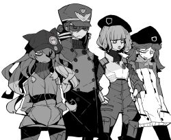 Rule 34 | 4girls, dowman sayman, evangelion: 3.0 you can (not) redo, eyepatch, frown, hands in pockets, hands on own hips, hat, highres, jacket, katsuragi misato, kitakami midori, long hair, military uniform, monochrome, multiple girls, neon genesis evangelion, rebuild of evangelion, short hair, souryuu asuka langley, suzuhara sakura, track jacket