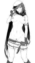 Rule 34 | 1girl, absurdres, bangs, blush, breasts, cape, censored, cleft of venus, eyepatch, female pubic hair, gloves, hair between eyes, hat, highres, kantai collection, kiso (kancolle), large breasts, lifted by self, looking at viewer, monochrome, navel, nipples, pubic hair, pussy, remodel (kantai collection), school uniform, self exposure, serafuku, shirt lift, short hair, skirt, skirt pull, solo, takaman (gaffe)