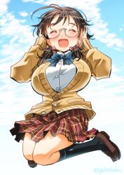 Rule 34 | 1girl, asano fuka, black hair, black socks, blue bow, blue bowtie, blue sky, blush, bow, bowtie, breasts, brown cardigan, cardigan, closed eyes, cloud, day, dot nose, full body, glasses, hair bow, hair ribbon, hands on own face, hands up, highres, idolmaster, idolmaster cinderella girls, idolmaster cinderella girls starlight stage, jumping, large breasts, loafers, long sleeves, low twintails, open mouth, pink ribbon, plaid, plaid skirt, pleated skirt, red skirt, ribbon, school uniform, shirt, shoes, short hair, skirt, sky, smile, socks, sogabe toshinori, solo, twintails, twitter username, white shirt