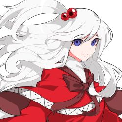 Rule 34 | 1girl, blue eyes, bow, dress, hair between eyes, hair bobbles, hair ornament, highres, long hair, long sleeves, looking at viewer, mindoll, mystic square, one side up, ribbon, shinki (touhou), silver hair, simple background, smile, touhou, touhou (pc-98), white background