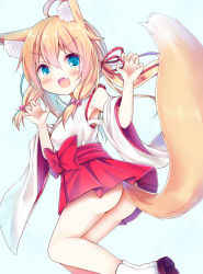 Rule 34 | 1girl, :d, ahoge, animal ear fluff, animal ears, ass, blonde hair, blue background, blue eyes, blush, bow, breasts, brown footwear, claw pose, commentary request, dot nose, esureki, fang, fox ears, fox girl, fox tail, hair between eyes, hair bobbles, hair ornament, hair ribbon, hakama, hakama short skirt, hakama skirt, hands up, japanese clothes, kimono, long hair, looking at viewer, low twintails, open mouth, original, red bow, red hakama, red ribbon, ribbon, shoe soles, short kimono, sidelocks, skirt, small breasts, smile, solo, table, tail, twintails, v-shaped eyebrows, white kimono, white legwear
