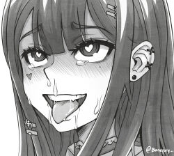Rule 34 | 1girl, ahegao, akuma nihmune, artist name, banefury, blush, commentary, crying, crying with eyes open, drooling, greyscale, heart, heart-shaped pupils, highres, indie virtual youtuber, mole, mole under eye, monochrome, open mouth, portrait, saliva, solo, symbol-shaped pupils, tears, teeth, tongue, tongue out, twitter username, virtual youtuber