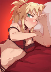 Rule 34 | 1girl, bed, blonde hair, bra, breasts, cleavage, commentary, darahan, english commentary, eyes visible through hair, fate/apocrypha, fate (series), green eyes, looking at viewer, lying, medium breasts, midriff, mordred (fate), mordred (fate/apocrypha), navel, on bed, on side, one eye closed, panties, pillow, ponytail, pov across bed, solo, stomach, underwear, upper body