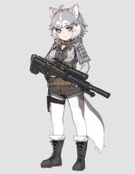 Rule 34 | 1girl, ahoge, black footwear, blue eyes, blush, boots, breasts, brown eyes, closed mouth, cross-laced footwear, dog (mixed breed) (kemono friends), full body, grey background, grey hair, gun, heterochromia, holding, holding gun, holding weapon, kemono friends, lace-up boots, looking at viewer, medium breasts, multicolored hair, nyifu, pantyhose, rifle, short hair, simple background, smile, sniper rifle, scope, solo, standing, two-tone hair, weapon, white hair, white pantyhose