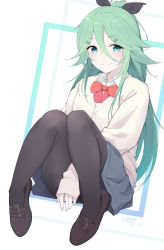 1girl alternate_costume black_footwear black_pantyhose black_ribbon blue_skirt bow bowtie cardigan full_body green_eyes green_hair hair_between_eyes hair_ornament hair_ribbon hairclip highres ieufg kantai_collection loafers long_hair looking_at_viewer pantyhose parted_bangs ponytail ribbon shirt shoes sidelocks skirt smile solo white_shirt yamakaze_(kancolle)