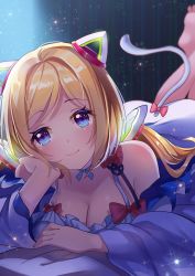 Rule 34 | 1girl, absurdres, aki rosenthal, aki rosenthal (sleepwear), blonde hair, blue eyes, blurry, blurry background, bob cut, breasts, cat tail, cleavage, collarbone, commentary request, dyx217, foreshortening, hair ornament, head rest, highres, hololive, lying, parted bangs, ribbon, smile, solo, sparkle, tail, virtual youtuber