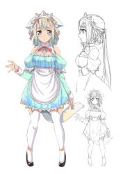 Rule 34 | 1girl, animal ears, apron, bare shoulders, black footwear, blonde hair, breasts, cleavage, closed mouth, clothing cutout, commentary request, dress, gradient hair, green dress, green hair, hair rings, headdress, highres, iga tamaki, layered sleeves, long hair, long sleeves, maid, medium breasts, multicolored clothes, multicolored dress, multicolored hair, multiple views, original, puffy short sleeves, puffy sleeves, purple eyes, shoes, short eyebrows, short over long sleeves, short sleeves, shoulder cutout, simple background, smile, tail, thick eyebrows, thighhighs, very long hair, waist apron, white apron, white background, white thighhighs
