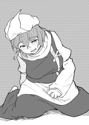 Rule 34 | 1girl, absurdres, barefoot, blush, fujimi nao, grey background, greyscale, hair between eyes, hat, highres, letty whiterock, long sleeves, looking at viewer, monochrome, open mouth, short hair, simple background, smile, solo, touhou, white hat