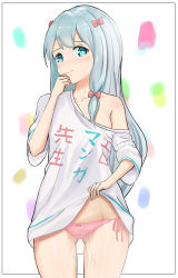 Rule 34 | 10s, 1girl, bad id, bad pixiv id, blue eyes, blush, bow, clothes writing, cyicheng, dripping, eromanga sensei, gluteal fold, groin, hair bow, head tilt, izumi sagiri, lifted by self, long hair, looking at viewer, panties, pink panties, pussy juice, pussy juice trail, shirt, side-tie panties, sidelocks, silver hair, solo, thighs, underwear, wavy mouth, white background, white shirt