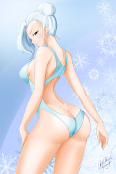 Rule 34 | 1girl, arched back, artist name, ass, blue background, breasts, butt crack, dimples of venus, from behind, highres, kimmy77, large breasts, looking at viewer, looking back, one-piece swimsuit, rwby, short hair, sideboob, signature, snowflake background, solo, swimsuit, thighs, winter schnee