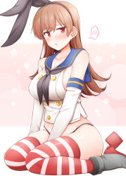 Rule 34 | 1girl, alternate costume, black hairband, black neckerchief, black panties, blush, breasts, brown eyes, brown hair, commentary request, cosplay, crop top, elbow gloves, gloves, gluteal fold, gradient background, hair ornament, hairband, highleg, highleg panties, kantai collection, large breasts, long hair, looking at viewer, neckerchief, no pants, ooi (kancolle), panties, parted lips, revision, rui shi (rayze ray), sailor collar, school uniform, serafuku, shimakaze (kancolle), shimakaze (kancolle) (cosplay), sitting, skirt, solo, spoken blush, striped clothes, striped thighhighs, thighhighs, underwear, wariza, white gloves
