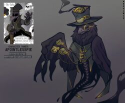Rule 34 | absurdres, animal, artist name, bird, black headwear, borrowed character, brown jacket, closed mouth, english text, hat, highres, jacket, monocle, neytirix, original, steampunk, top hat